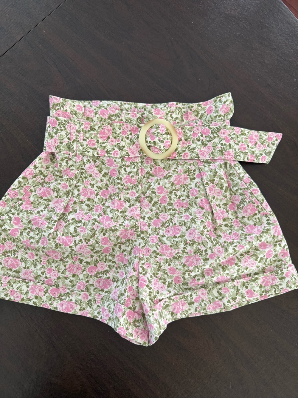 Sezane Pink Floral High-Waist Paperbag Shorts with Belt